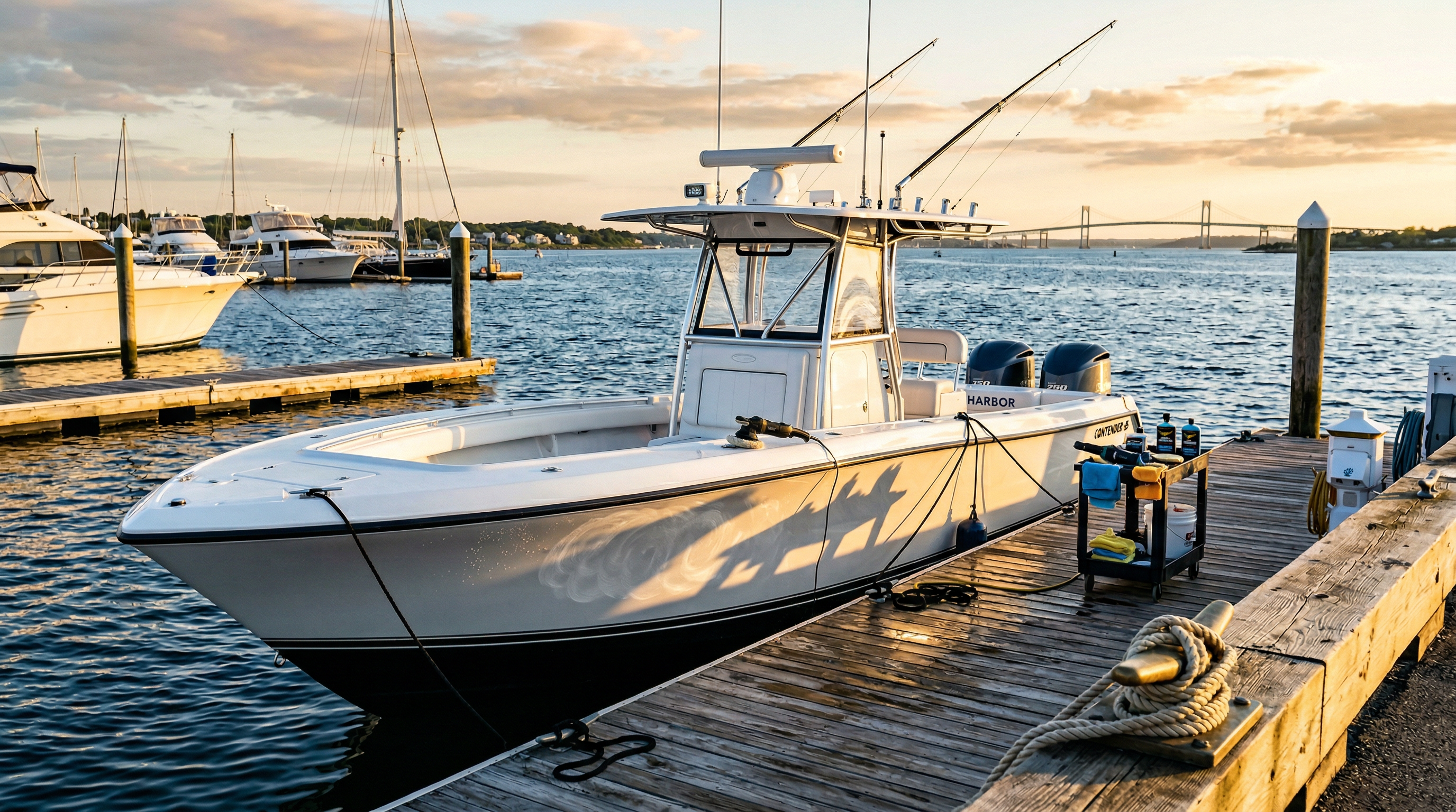Gleaming boat at New England marina being detailed at golden hour